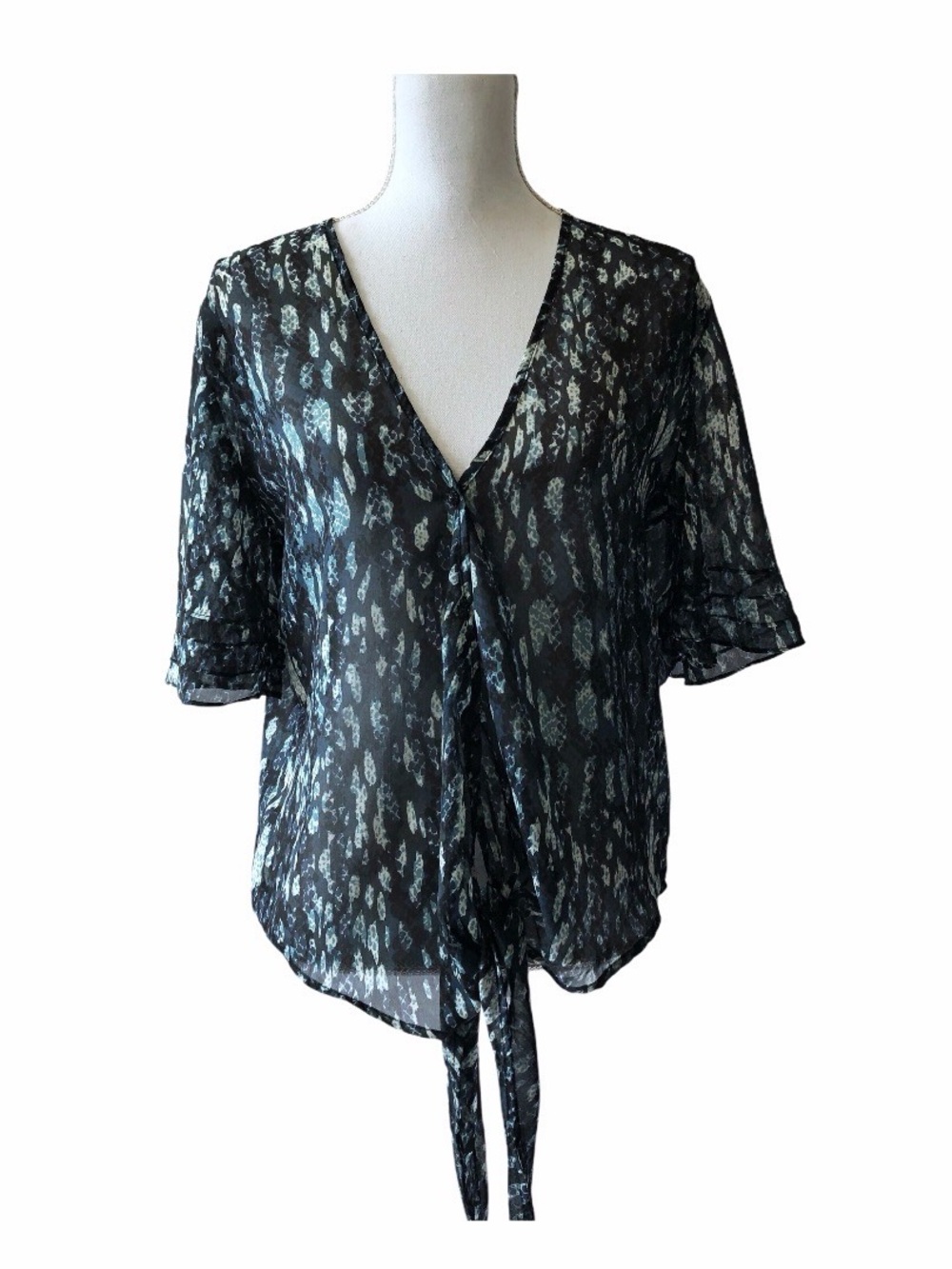 Mimi Chica Sheer V-neck Tie Front Printed Blouse Size Medium